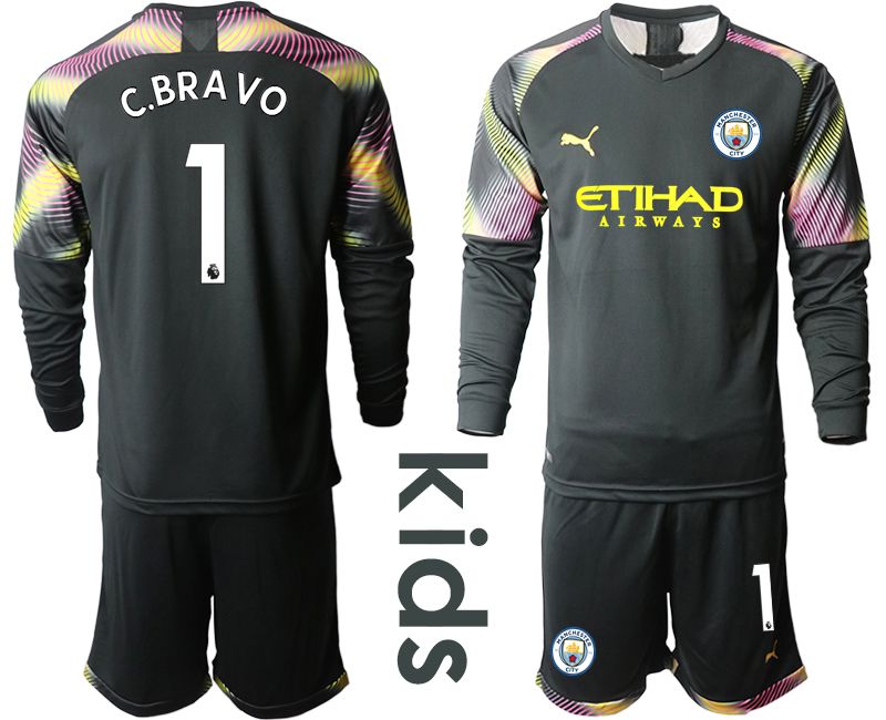 Youth 2019-2020 club Manchester City black goalkeeper Long sleeve #1 Soccer Jerseys->->Soccer Club Jersey